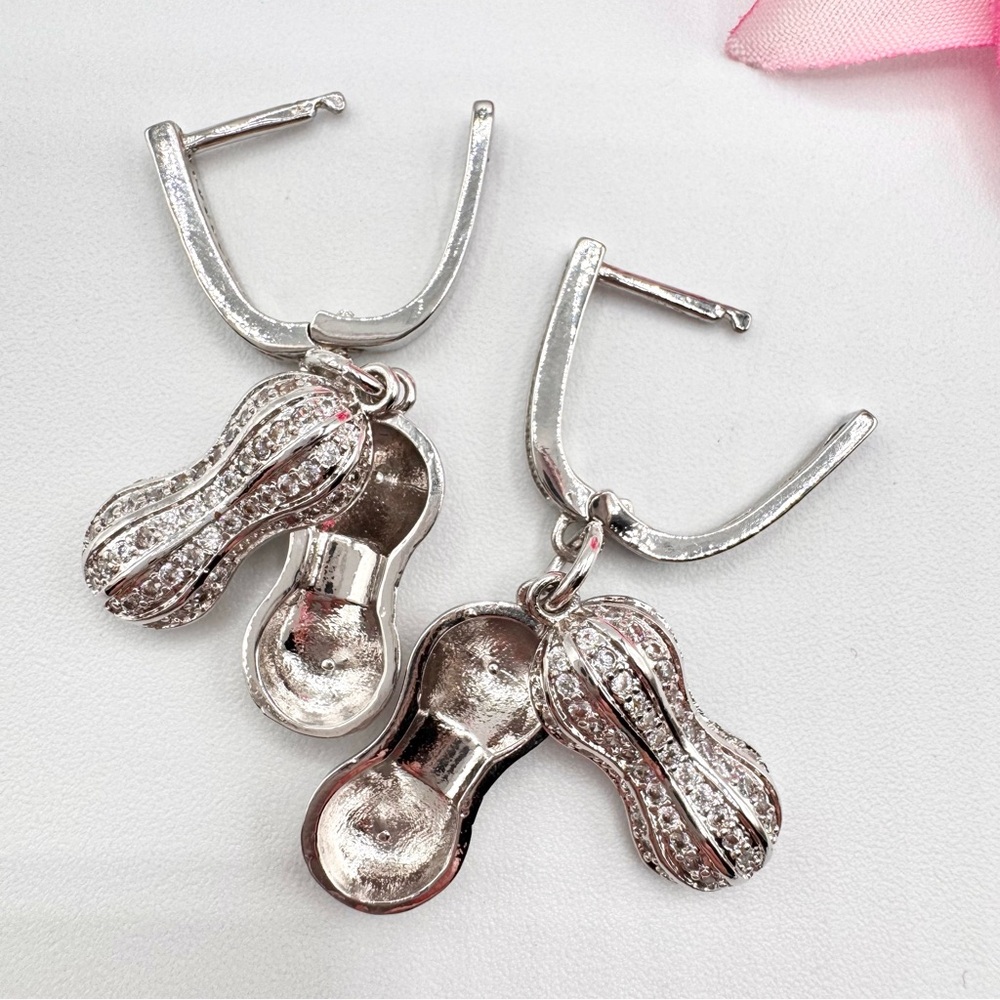 Peanut Earrings And Matching Peanut Pendant Silver Tone Stamped 925 Rhinestones - Picture 7 of 14